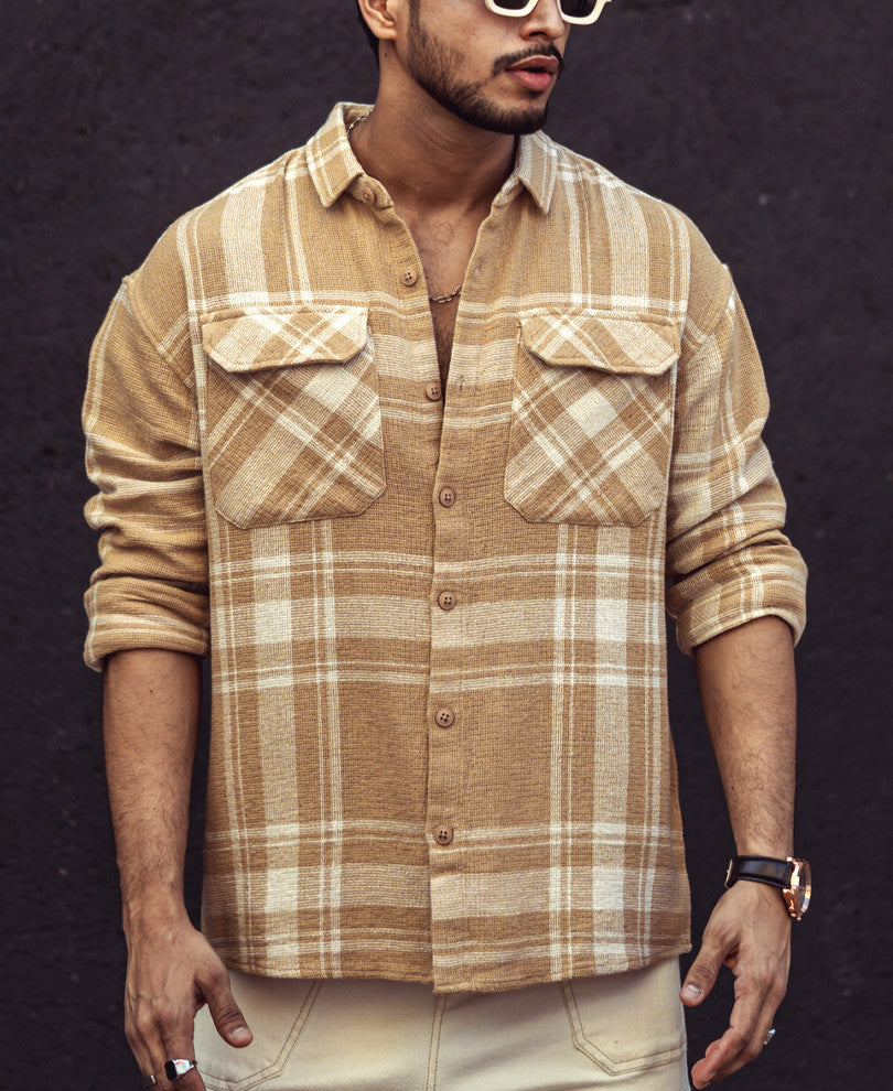 Beige and White Checks Oversize Drop Shoulder Shirt