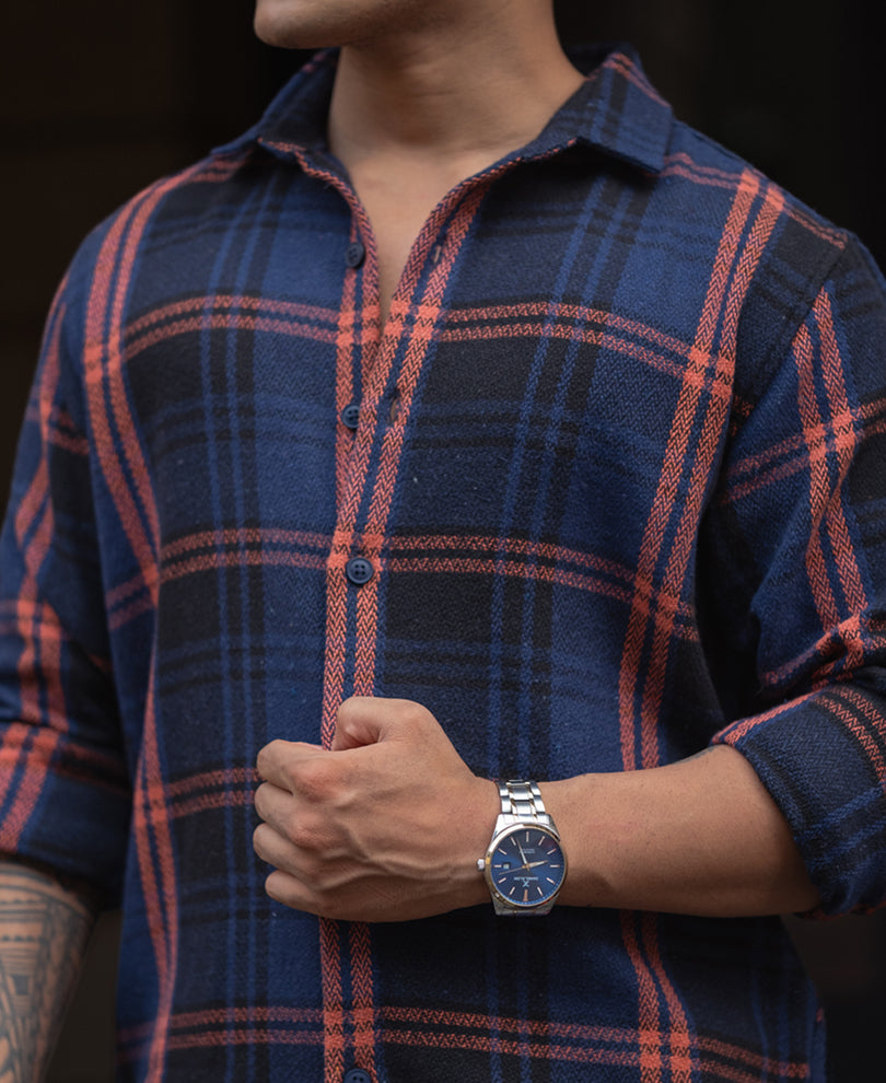Blue And Orange Checks Regular Fit Full Sleeves Shirt