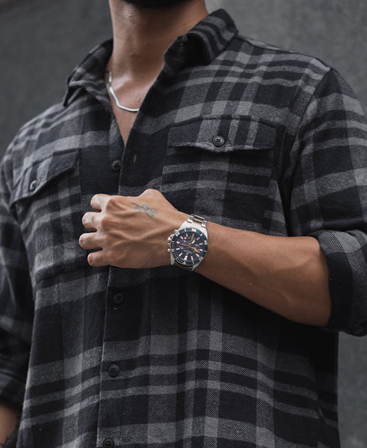 Black and Grey Checked Regular Fit Overshirt with Full Sleeves