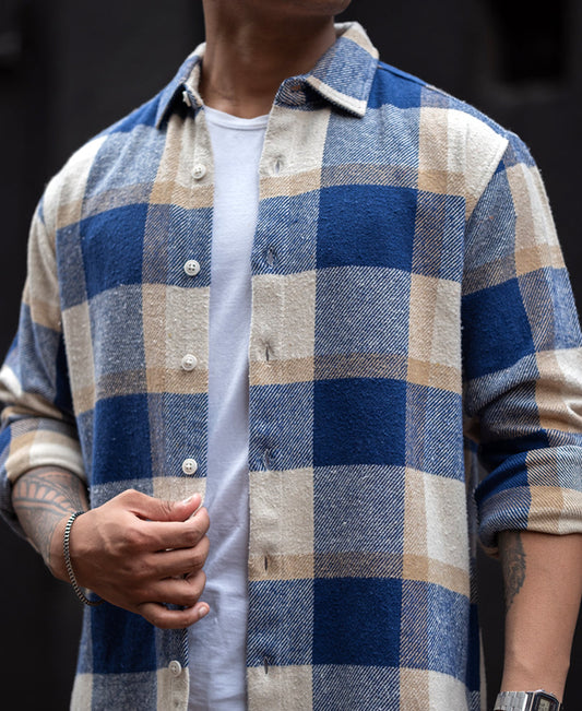 Blue And Off White Checked Regular Fit Full Sleeves Shirt