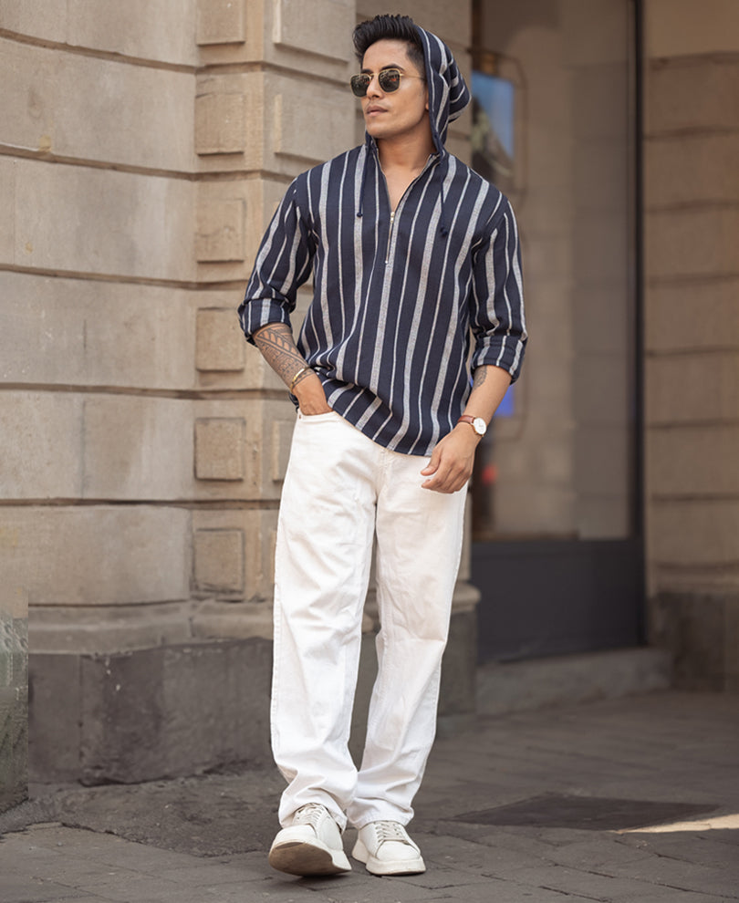 Blue And White Stripes Regular Fit Full Sleeves Hoodie Shirt