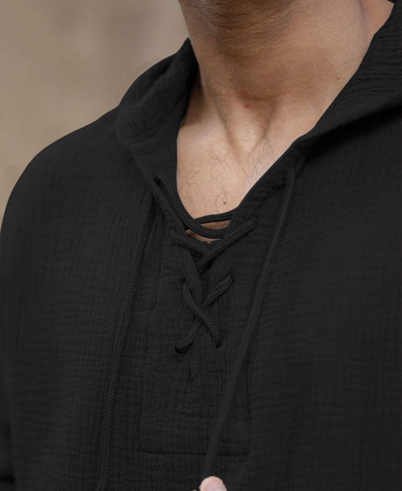 Black Crinkled Hooded Shirt