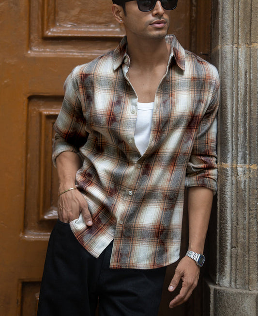 Beige Washed Checks Shirt