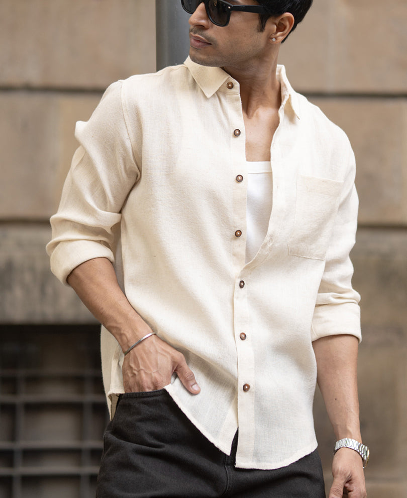 Light Beige Slub Textured Linen Shirt