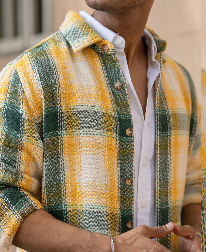Yellow And Green Structured Checks Shirt