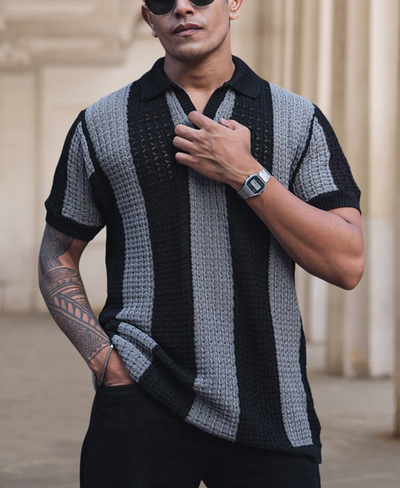 Black and Grey Crochet Striped Reglular Half Sleeves T Shirt