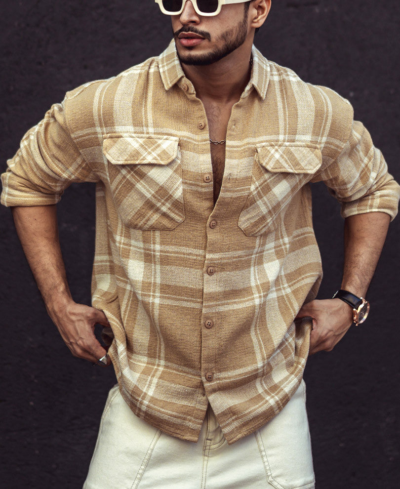 Beige and White Checks Oversize Drop Shoulder Shirt