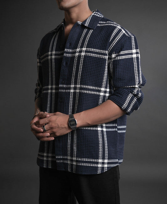 Blue and White Structured Checks Oversized Shirt