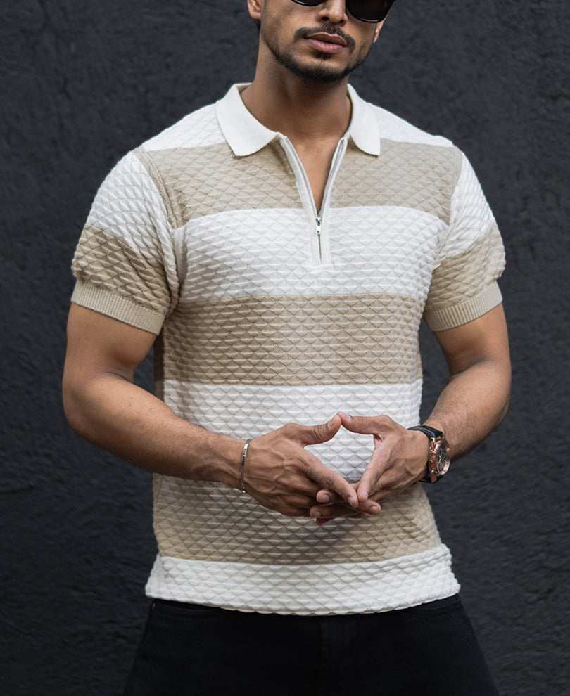 Off White Structured Striped Regular Half Sleeves T Shirt