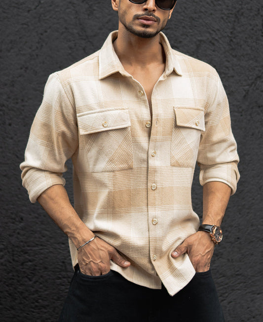 Light Beige Structured Regular Fit Full Sleeves Shirt