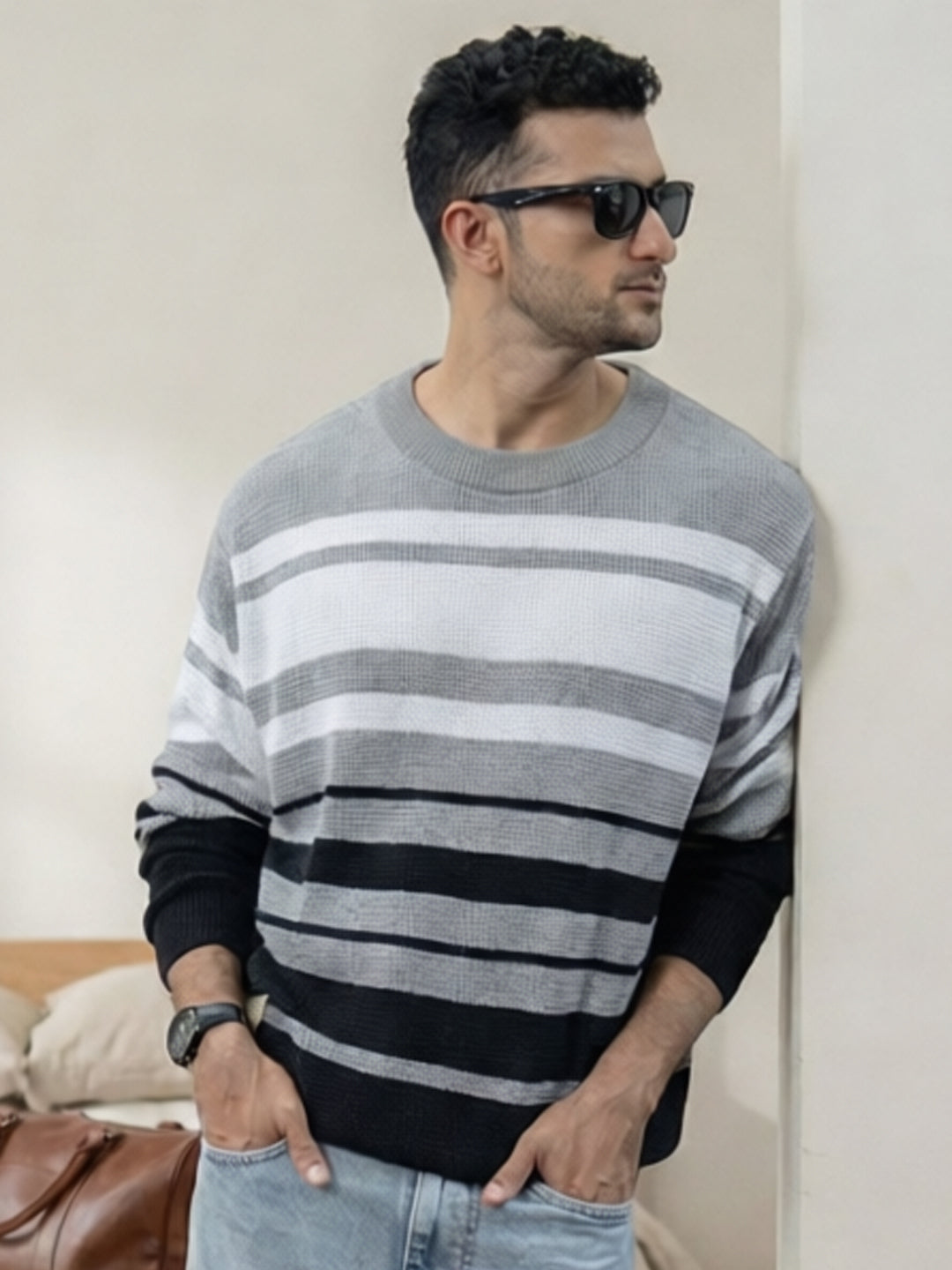 Grey And Black Structured Striped T-Shirt