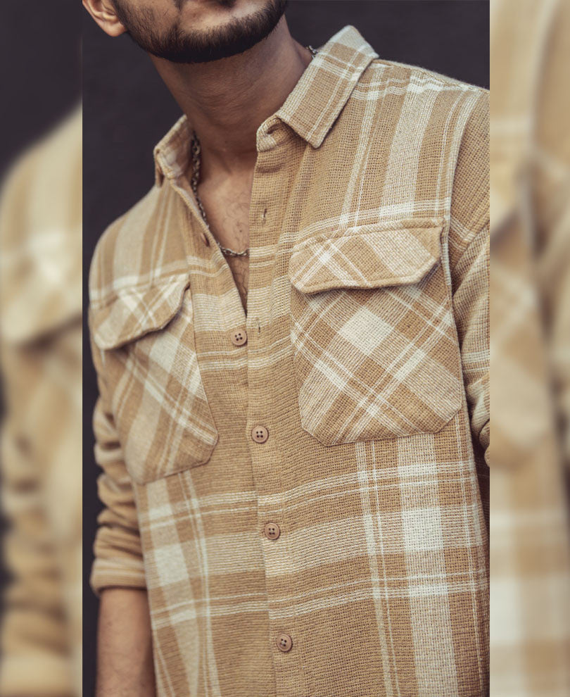 Beige and White Checks Oversize Drop Shoulder Shirt