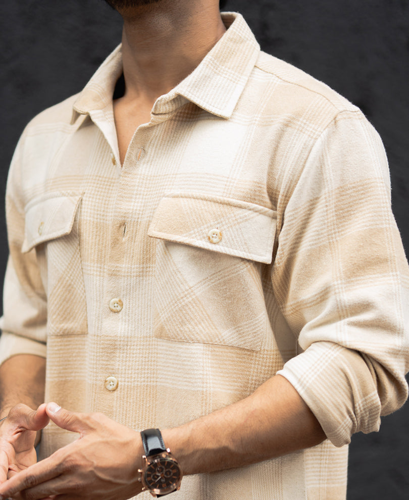 Light Beige Structured Regular Fit Full Sleeves Shirt