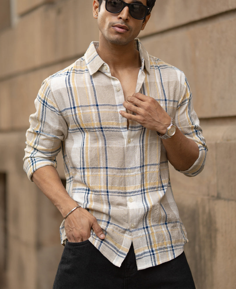 Beige Lightweight Structure Checks Shirt