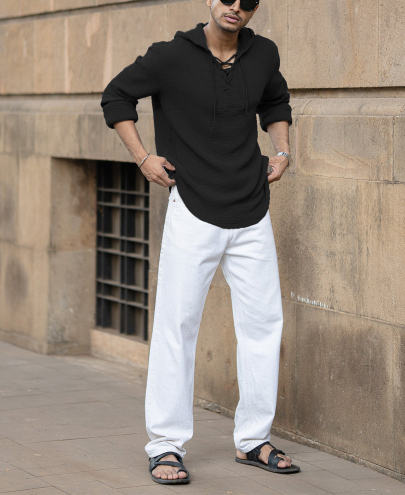 Black Crinkled Hooded Shirt