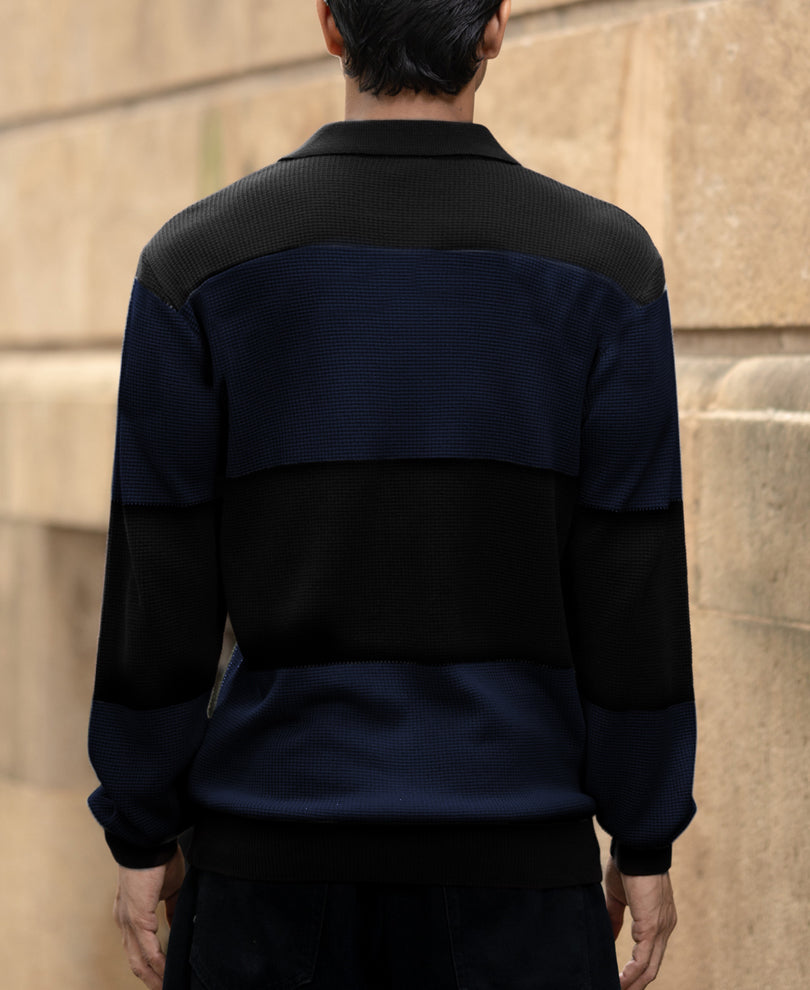 Blue Structured Knit Striped T-Shirt