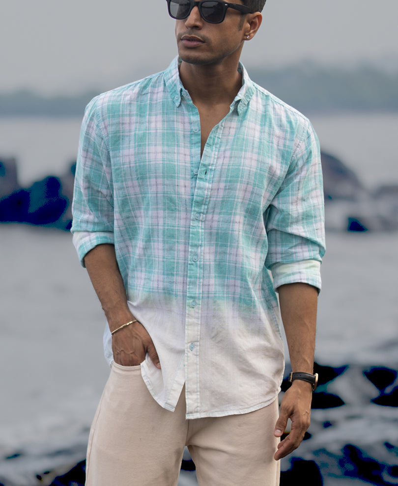 Aqua Blue Light Weight Ombre Checks Shirt