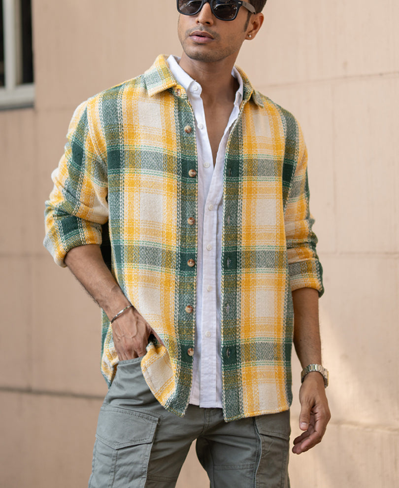 Yellow And Green Structured Checks Shirt