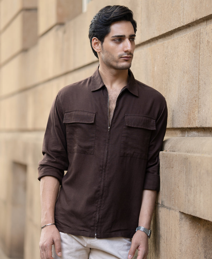Coffee Brown Linen Blend Zipper Shirt