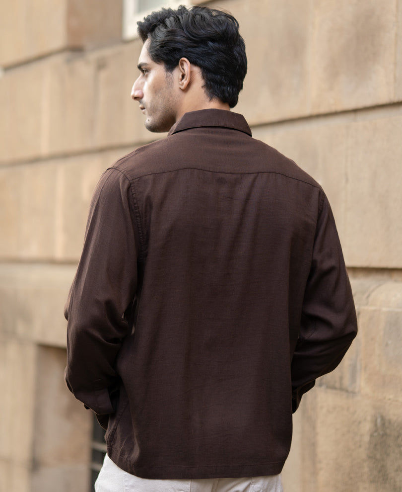Coffee Brown Linen Blend Zipper Shirt