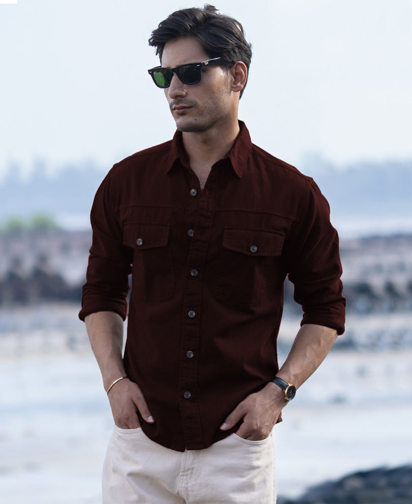 Wine Structured Overshirt With Pockets