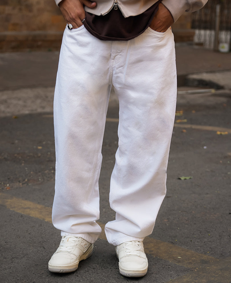 White Denim Solid Baggy Fit Jeans