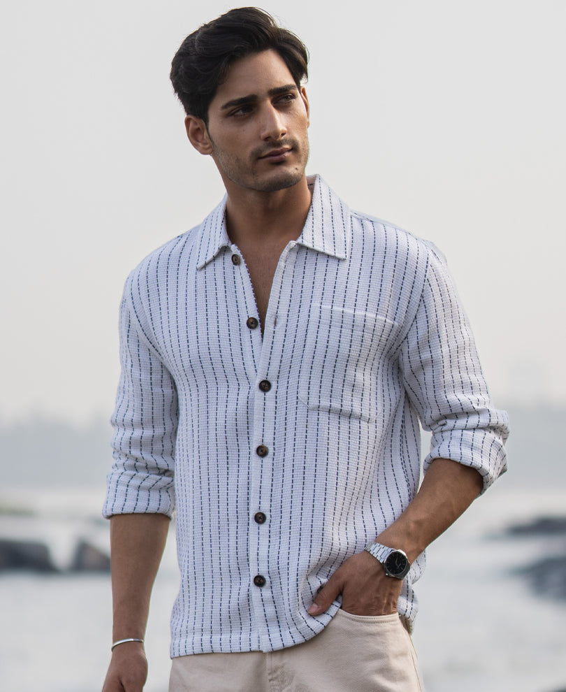 White Structure Stripe Overshirt