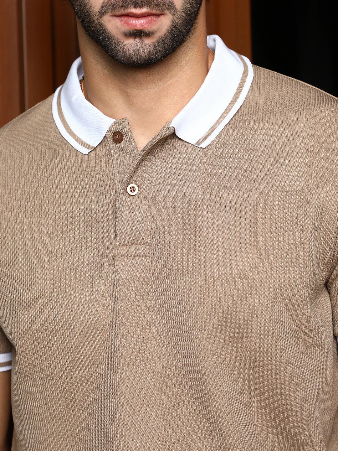Beige Textured Polo T-Shirt with Contrast Collar