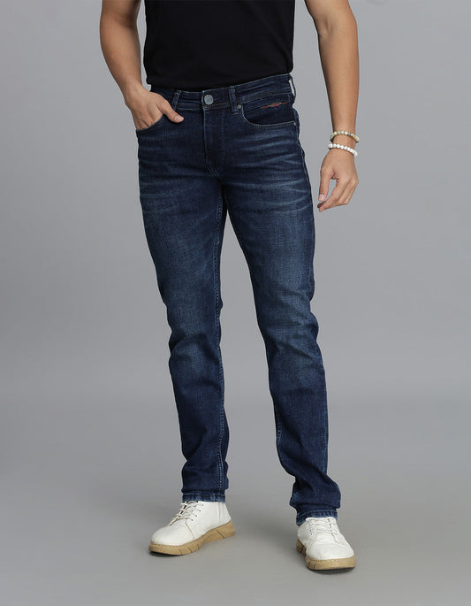 Dk Blue 5 Pocket Mid-Rise Slim Straight Fit jeans