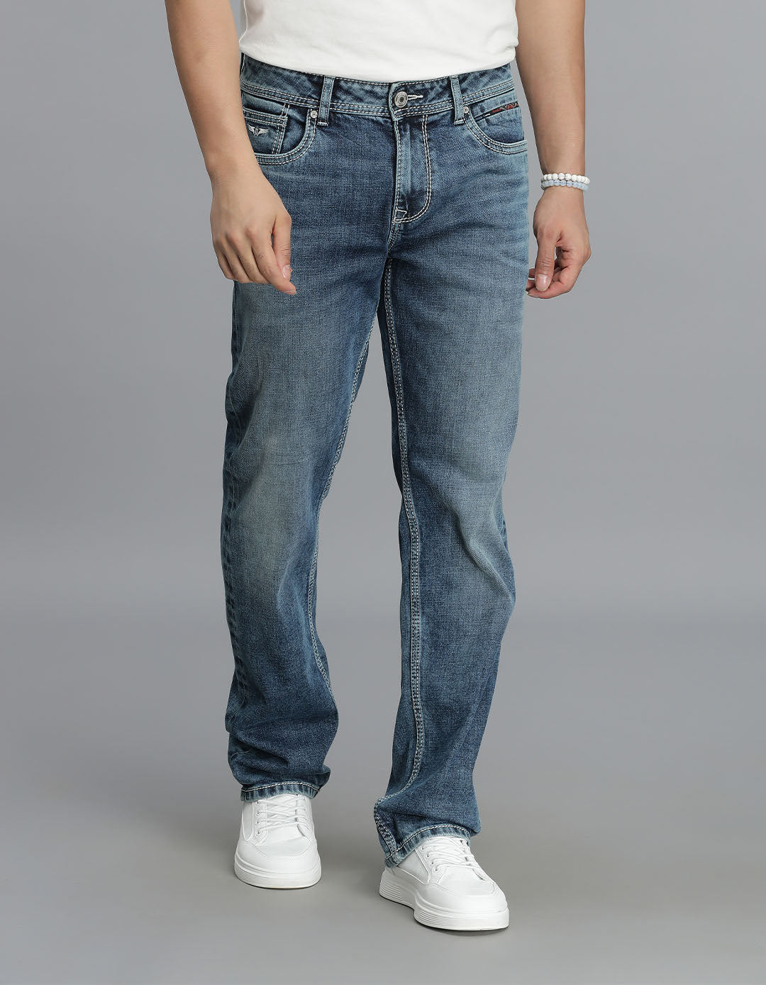 Med Blue 5 Pocket Midrise, Comfort And Straight Fit Jeans
