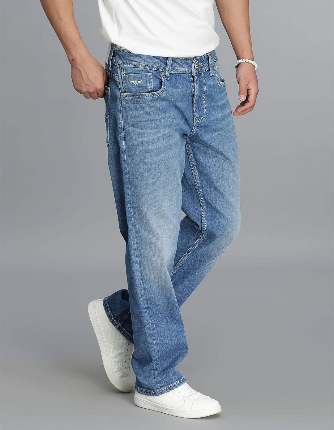 Med Blue 5 Pocket Midrise, Comfort Straight Fit Cropped Jeans