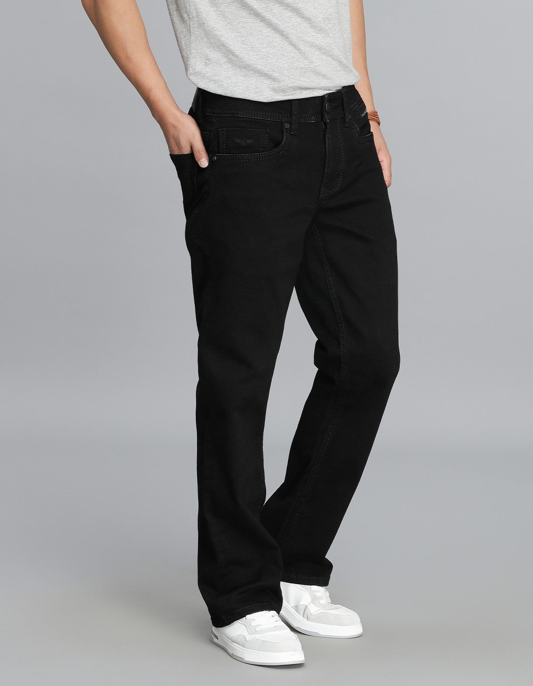 Black 5 Pocket Mid Rise Loose Boot Leg Cropped Jeans