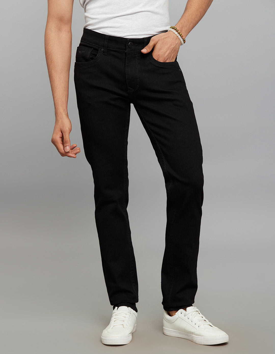 Black 5 Pocket Mid-Rise Slim Straight Fit Stretch Jeans