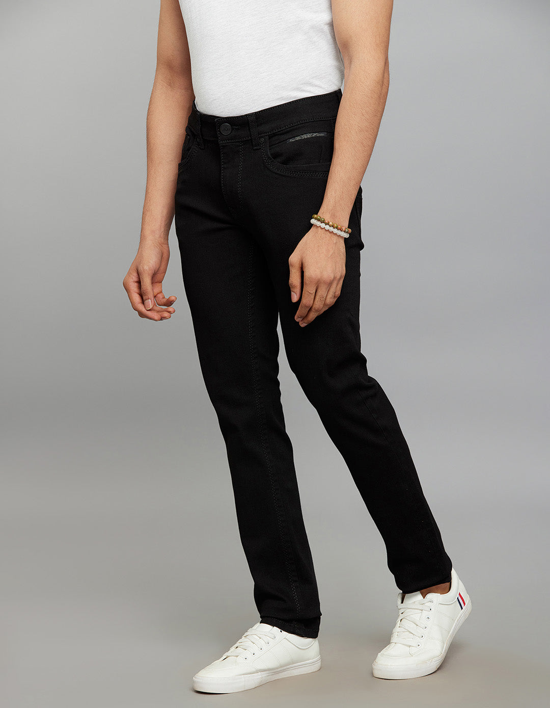 Black 5 Pocket Mid-Rise Slim Straight Fit Stretch Jeans