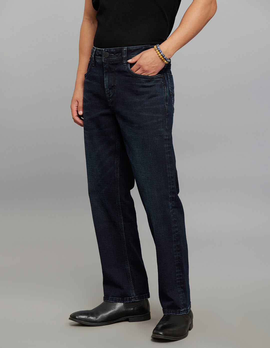 Dark Blue 5 Pocket Midrise, Comfort And Straight Fit Stretch Jeans