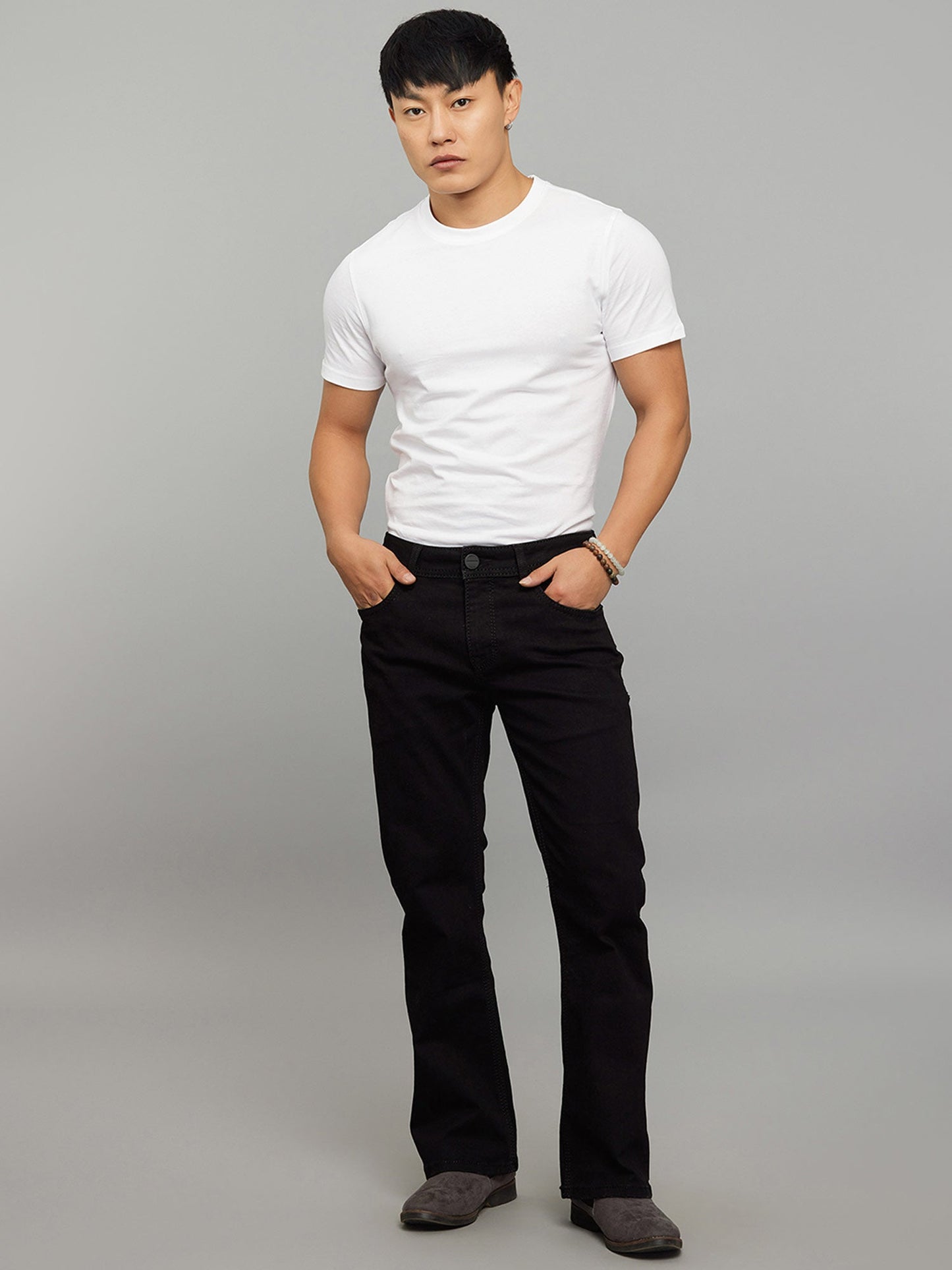 Black 5 Pocket Mid Rise Cropped Length Loose Boot Leg Stretch Jeans