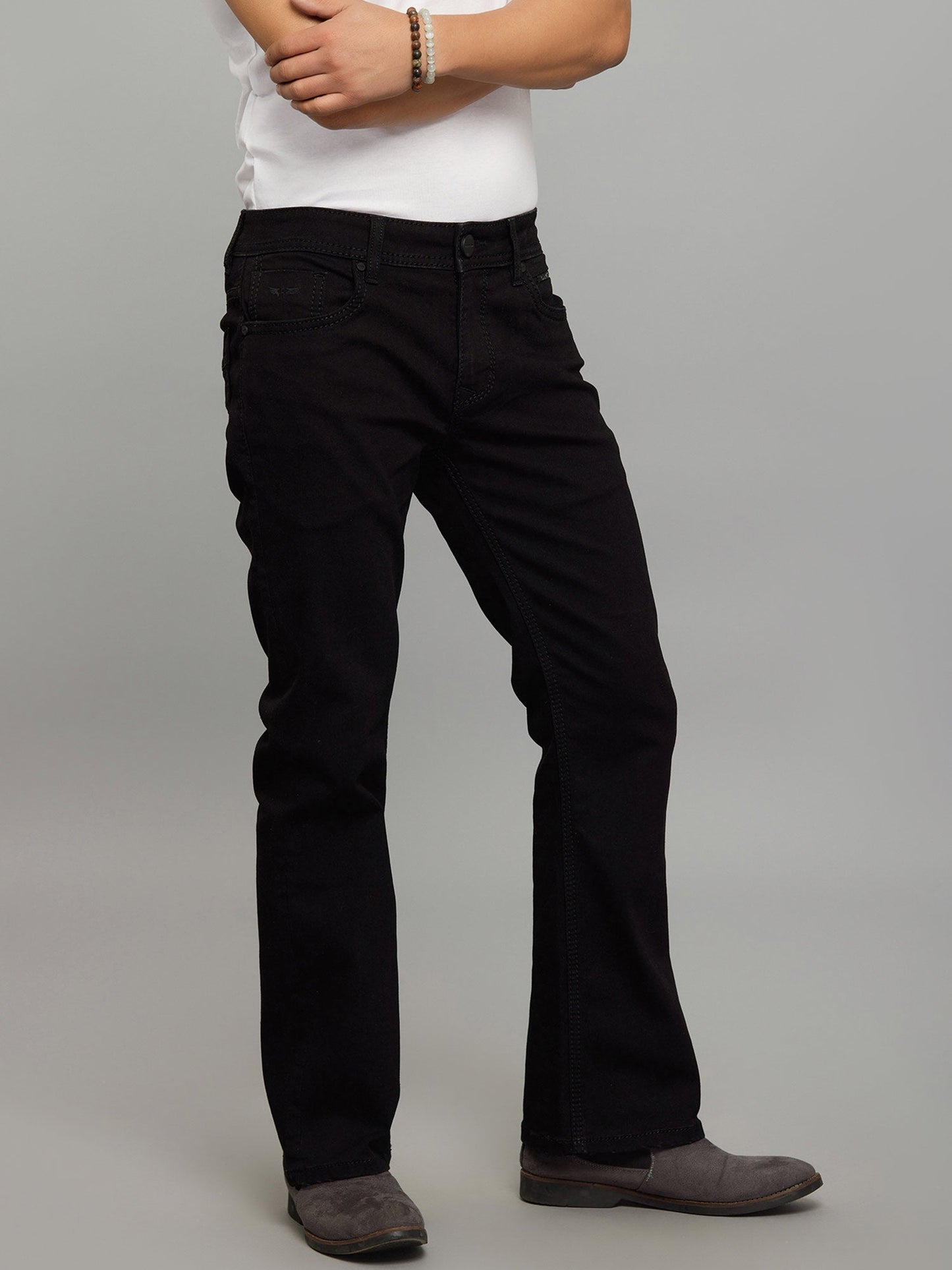 Black 5 Pocket Mid Rise Cropped Length Loose Boot Leg Stretch Jeans