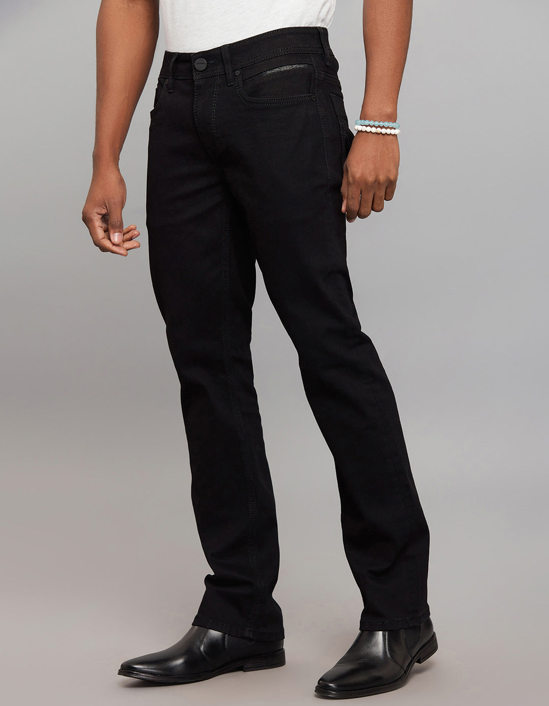 Black 5 Pocket Mid Rise Loose Boot Leg Stretch Jeans