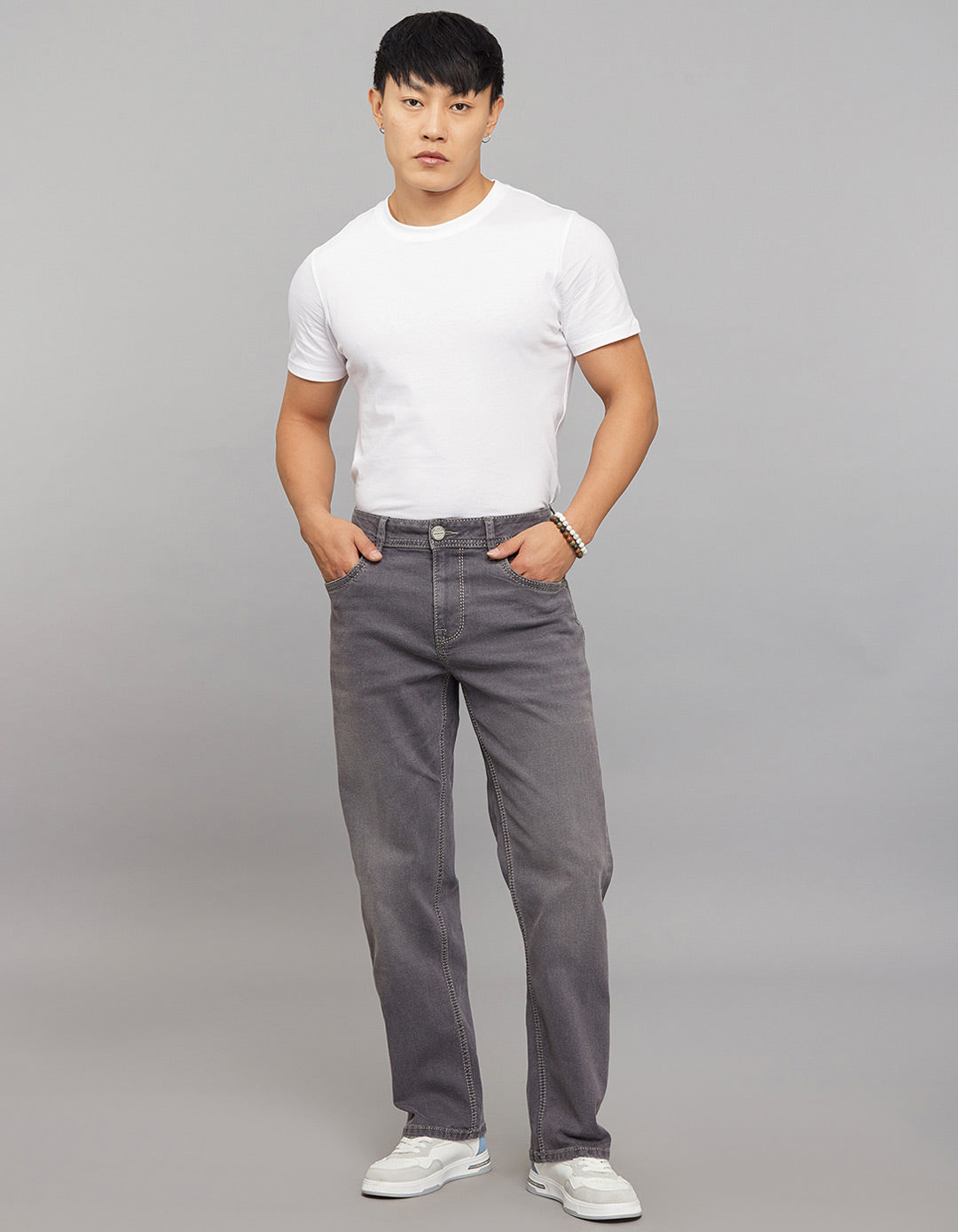 Grey 5 Pocket Midrise, Comfort And Straight Crop Length Stretch Jeans