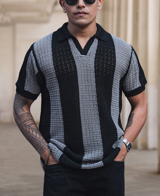 Black and Grey Crochet Striped Reglular Half Sleeves T Shirt