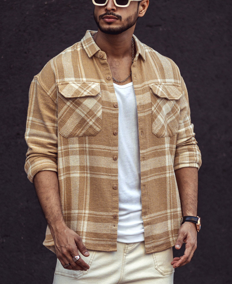 Beige and White Checks Oversize Drop Shoulder Shirt