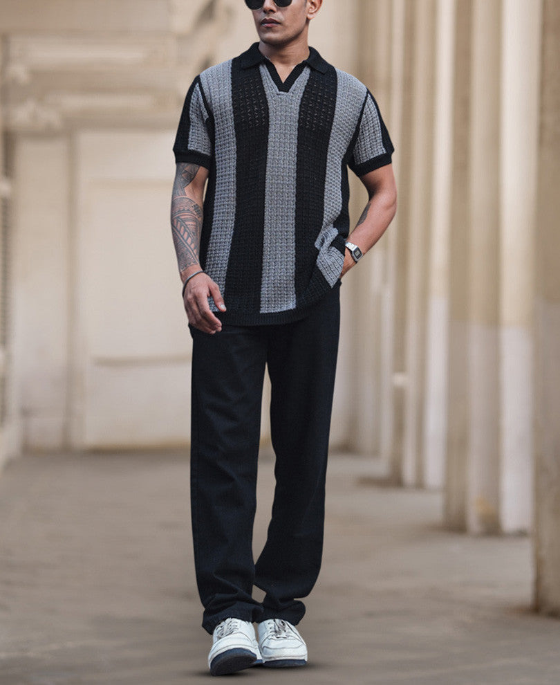 Black and Grey Crochet Striped Reglular Half Sleeves T Shirt