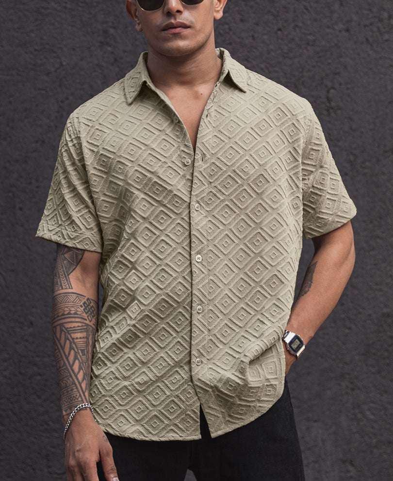 Beige Oversized Structured Half Sleeves Shirt