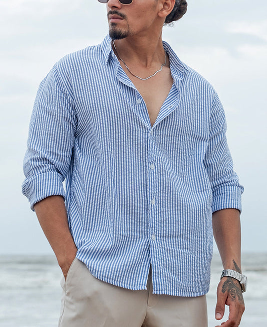 Blue and White Regular fit Striped Full Sleeves Shirt