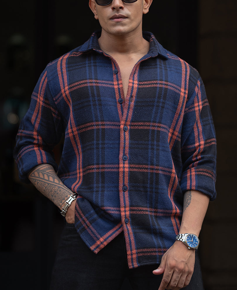 Blue And Orange Checks Regular Fit Full Sleeves Shirt
