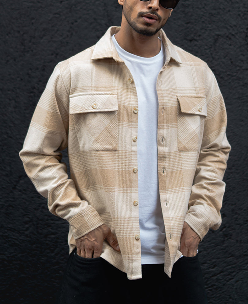 Light Beige Structured Regular Fit Full Sleeves Shirt