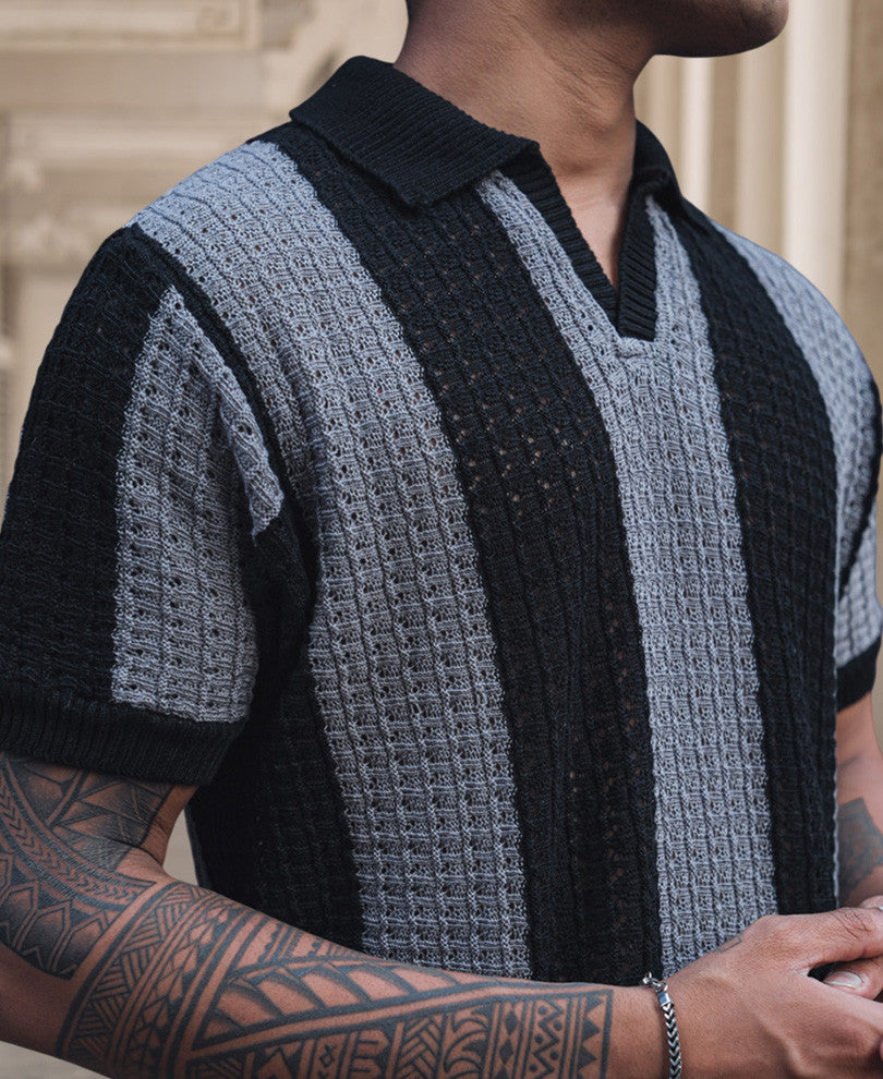 Black and Grey Crochet Striped Reglular Half Sleeves T Shirt