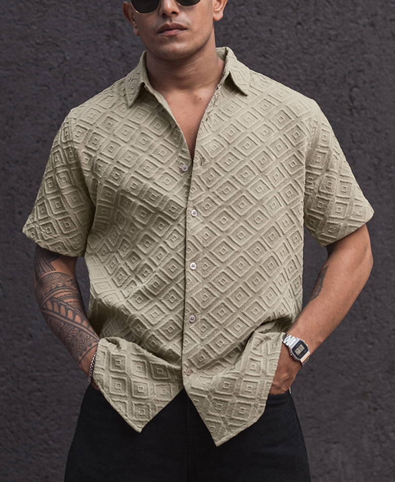 Beige Oversized Structured Half Sleeves Shirt