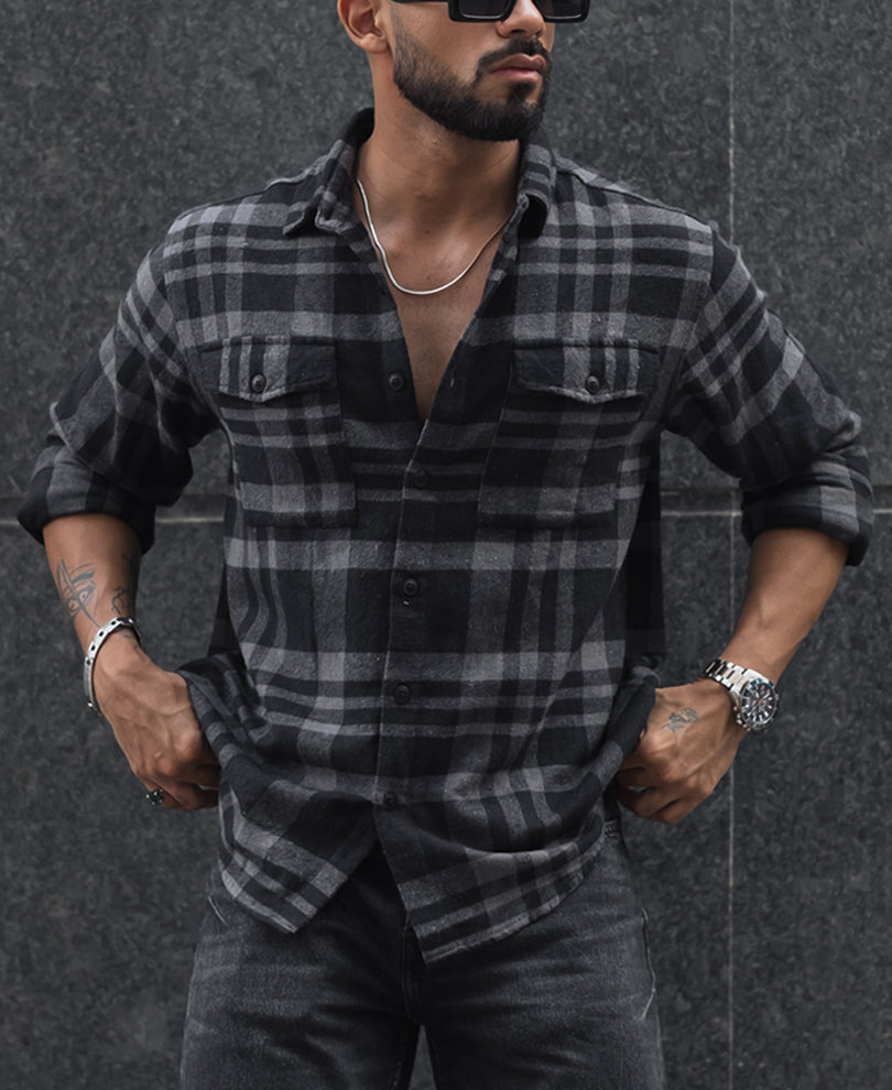 Black and Grey Checked Regular Fit Overshirt with Full Sleeves