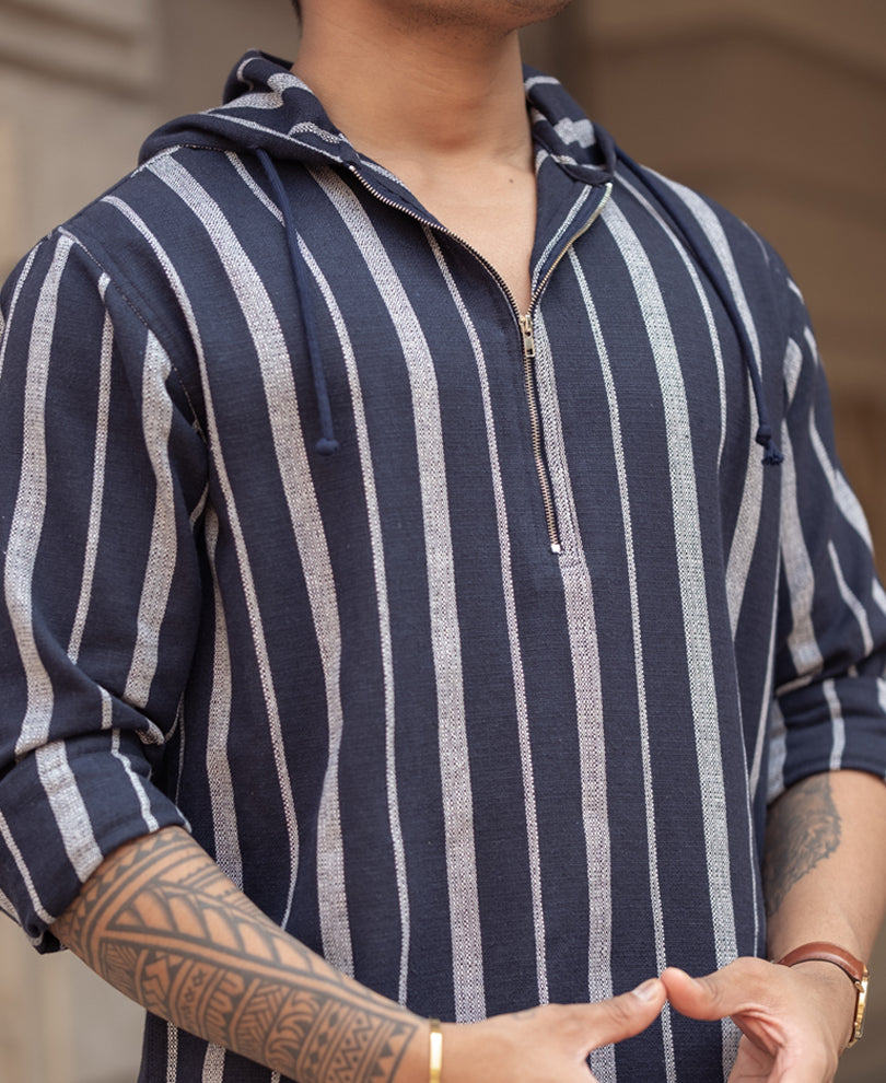 Blue And White Stripes Regular Fit Full Sleeves Hoodie Shirt